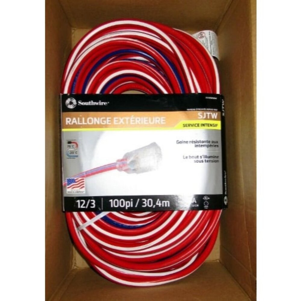 Heavy Duty Extension Cord, 100Ft, 12 Gauge, 3 Conductor, Water Resistant